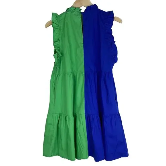THML Colorblock Shift Dress Womens S Blue Green Pockets Tiered Layers Ruffles - Picture 2 of 8
